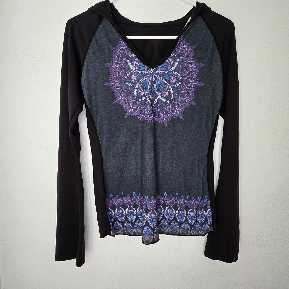 Women's Black Hooded Long Sleeve Top with Purple Medallion Print